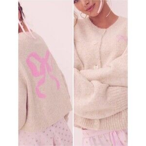 LoveShackFancy X Victoria's Secret PINK Bow Boxy Crew Cardigan Sweater S